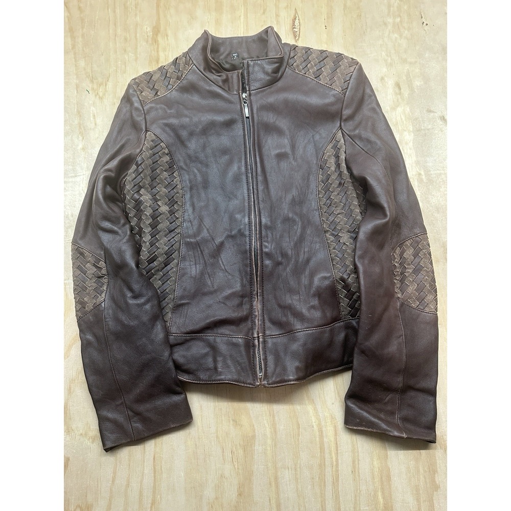 Vintage Raffaelo Leather Jacket Brown Basket Braid Elbow Patches Sz S‎ Women's